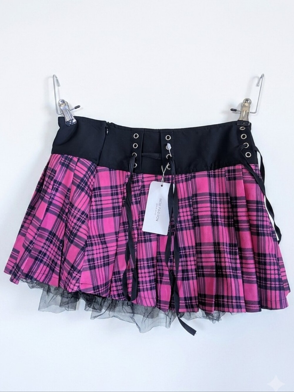 NWT Y2K Hot Pink Plaid Pleated Mini Skirt with Tulle & Lace-Up Waist (L)